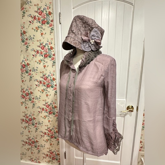 Lilac purple sheer blouse with lace ruffle neckline & matching hat BOTH NWT!! - Picture 14 of 14